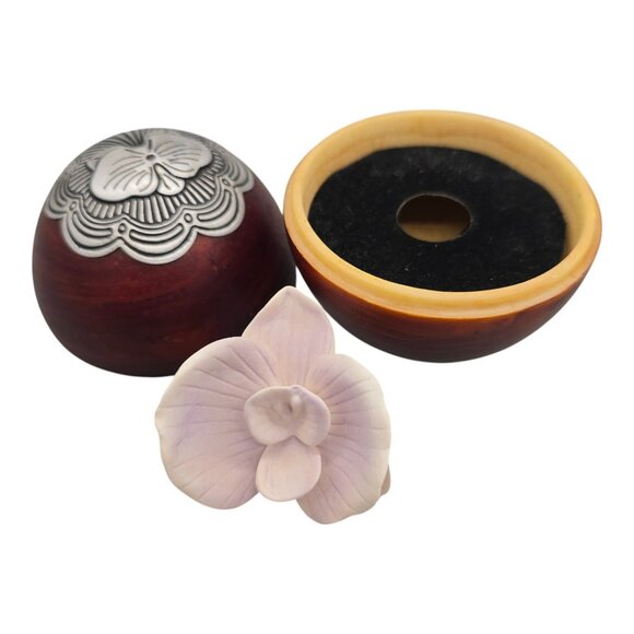 Retired Partylite Wooden Ball Diffuser Holder With Porcelain Orchid Metal Detail - Picture 10 of 13